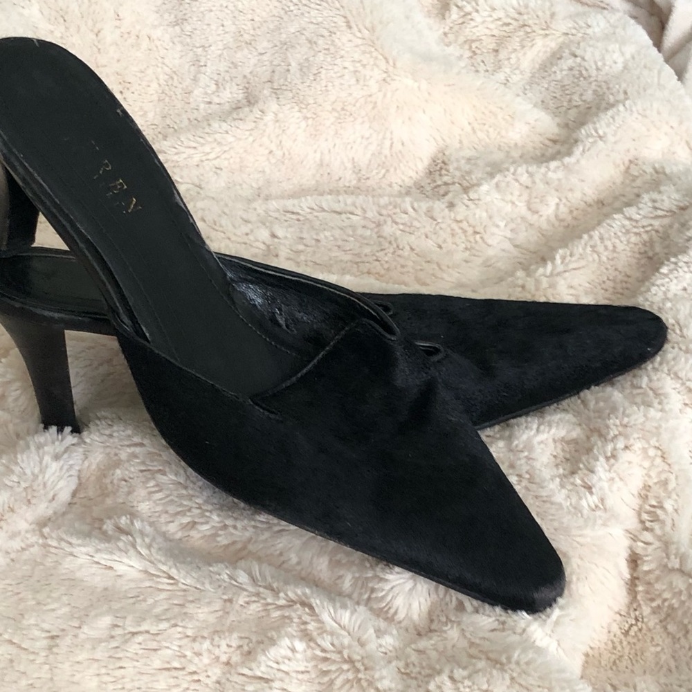Ralph Lauren Black Pony Hair Mules 2” Heel Made in Brazil
